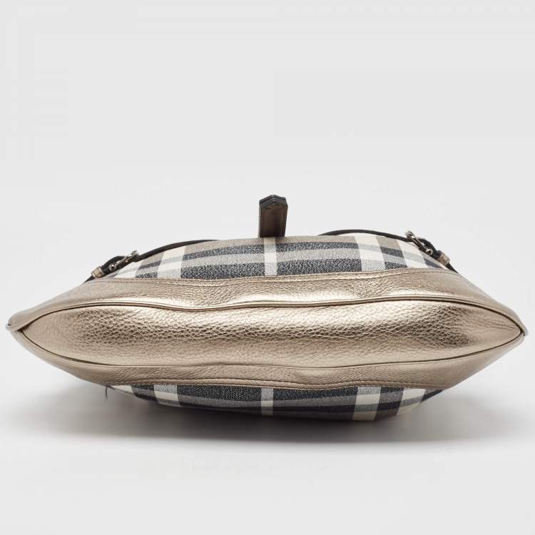 Pre Owned Burberry Grey Smoke Check Shimmer Fabric and Leather Brooke Hobo