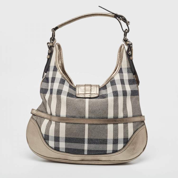 Pre Owned Burberry Grey Smoke Check Shimmer Fabric and Leather Brooke Hobo