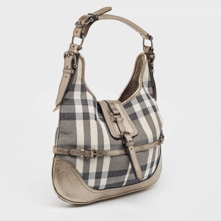 Pre Owned Burberry Grey Smoke Check Shimmer Fabric and Leather Brooke Hobo