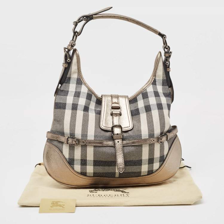 Pre Owned Burberry Grey Smoke Check Shimmer Fabric and Leather Brooke Hobo