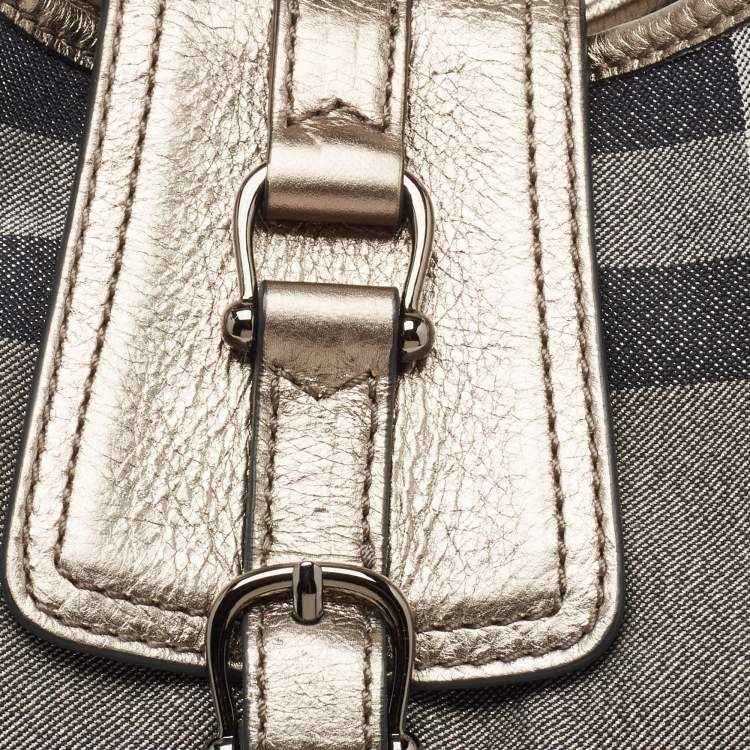 Pre Owned Burberry Grey Smoke Check Shimmer Fabric and Leather Brooke Hobo