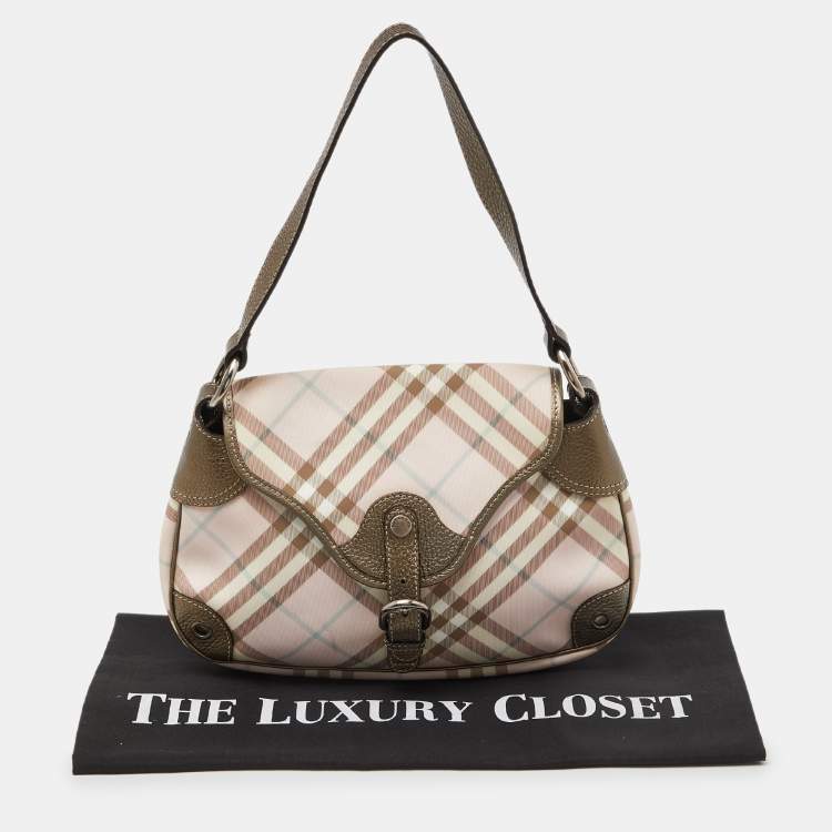 Pre Owned Burberry Pink/Metallic House Check PVC and Leather Buckle Flap Hobo