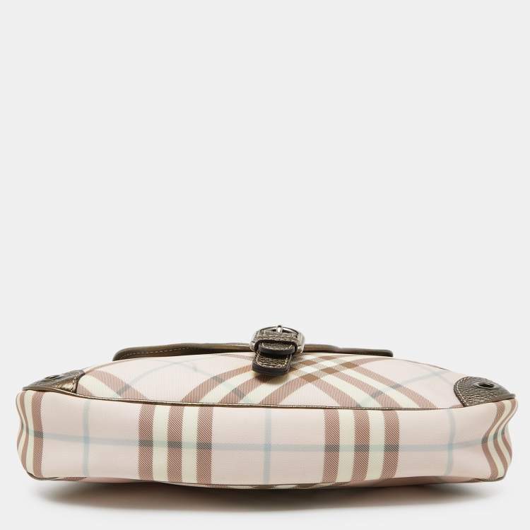Pre Owned Burberry Pink/Metallic House Check PVC and Leather Buckle Flap Hobo