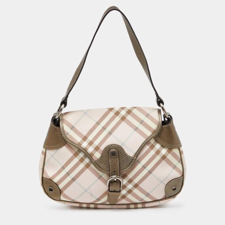 Pre Owned Burberry Pink/Metallic House Check PVC and Leather Buckle Flap Hobo