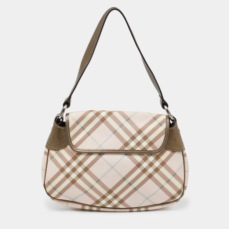 Pre Owned Burberry Pink/Metallic House Check PVC and Leather Buckle Flap Hobo