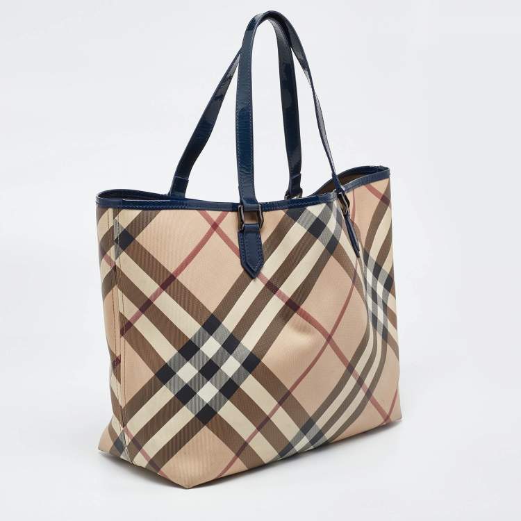 Pre Owned Burberry Beige/Blue Nova Check PVC and Patent Leather Shopper Tote