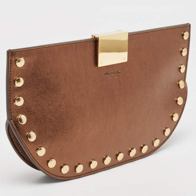 Pre Owned Burberry Bronze Leather Studded Olympia Clutch