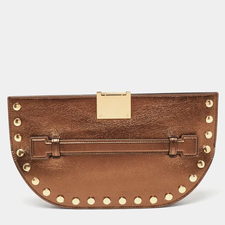 Pre Owned Burberry Bronze Leather Studded Olympia Clutch