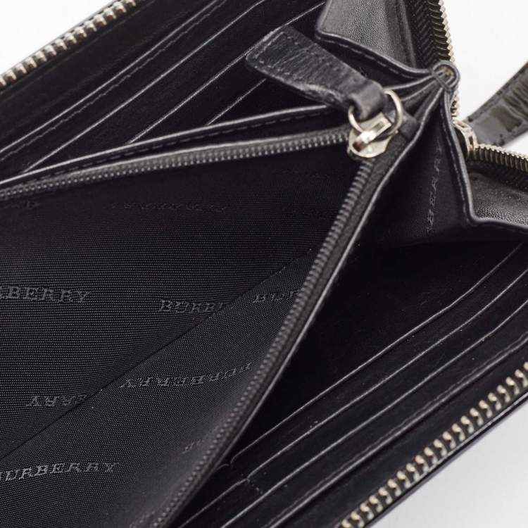 Pre Owned Burberry Black House Check Embossed Patent Leather Zip Continental Wallet