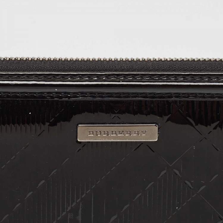 Pre Owned Burberry Black House Check Embossed Patent Leather Zip Continental Wallet