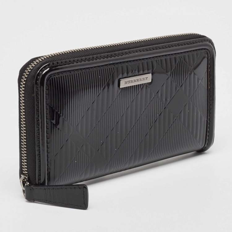 Pre Owned Burberry Black House Check Embossed Patent Leather Zip Continental Wallet