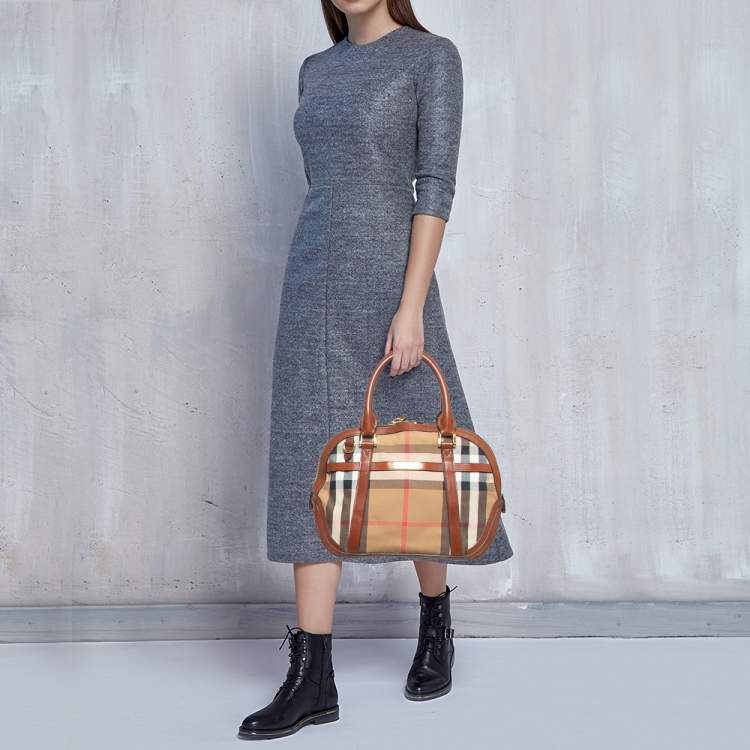 Pre Owned Burberry Brown/Beige House Check Fabric and Leather Orchard Bowler Bag
