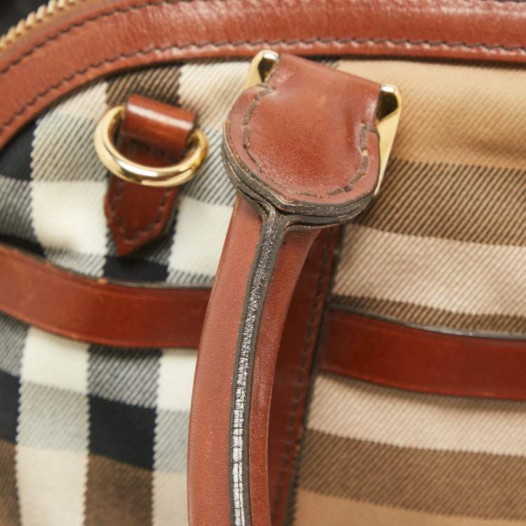 Pre Owned Burberry Brown/Beige House Check Fabric and Leather Orchard Bowler Bag