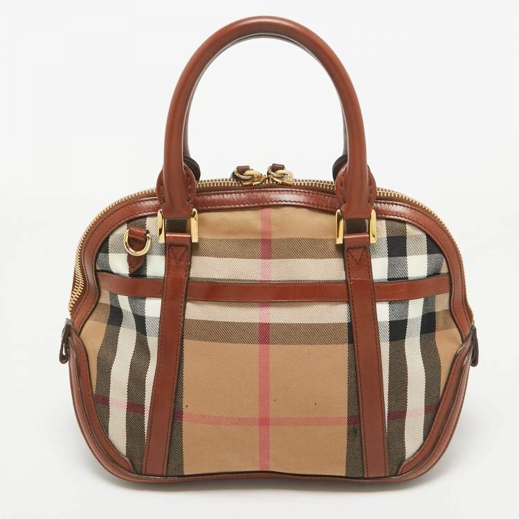 Pre Owned Burberry Brown/Beige House Check Fabric and Leather Orchard Bowler Bag