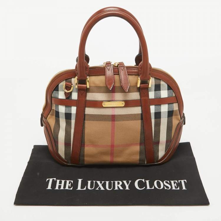 Pre Owned Burberry Brown/Beige House Check Fabric and Leather Orchard Bowler Bag