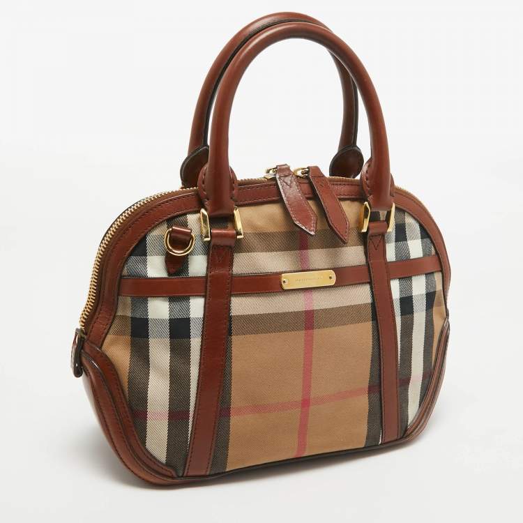 Pre Owned Burberry Brown/Beige House Check Fabric and Leather Orchard Bowler Bag