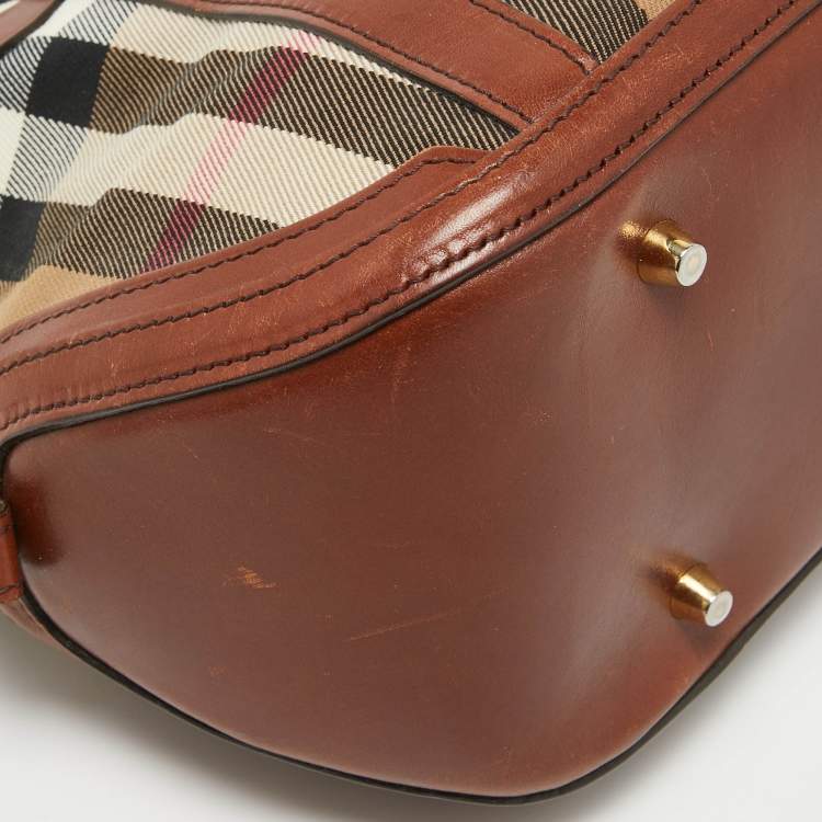 Pre Owned Burberry Brown/Beige House Check Fabric and Leather Orchard Bowler Bag