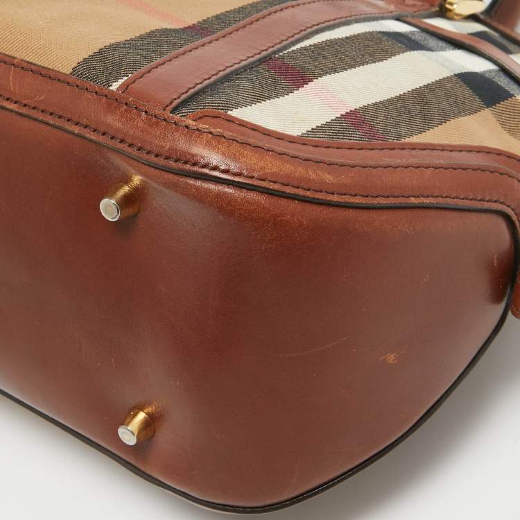 Pre Owned Burberry Brown/Beige House Check Fabric and Leather Orchard Bowler Bag