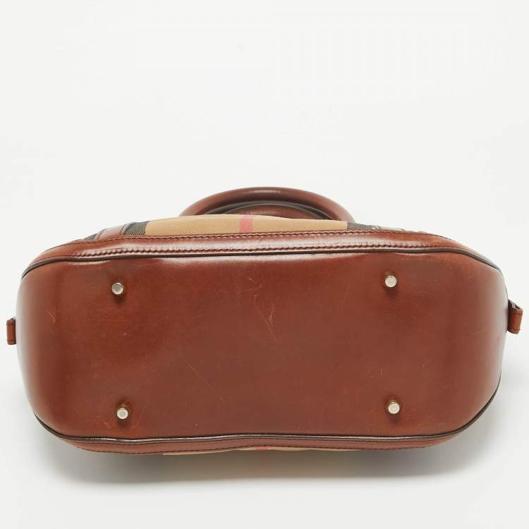 Pre Owned Burberry Brown/Beige House Check Fabric and Leather Orchard Bowler Bag