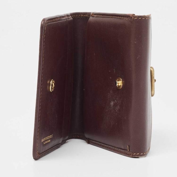 Pre Owned Burberry Brown/Beige Haymarket Check Coated Canvas and Leather Buckle Flap Compact Wallet