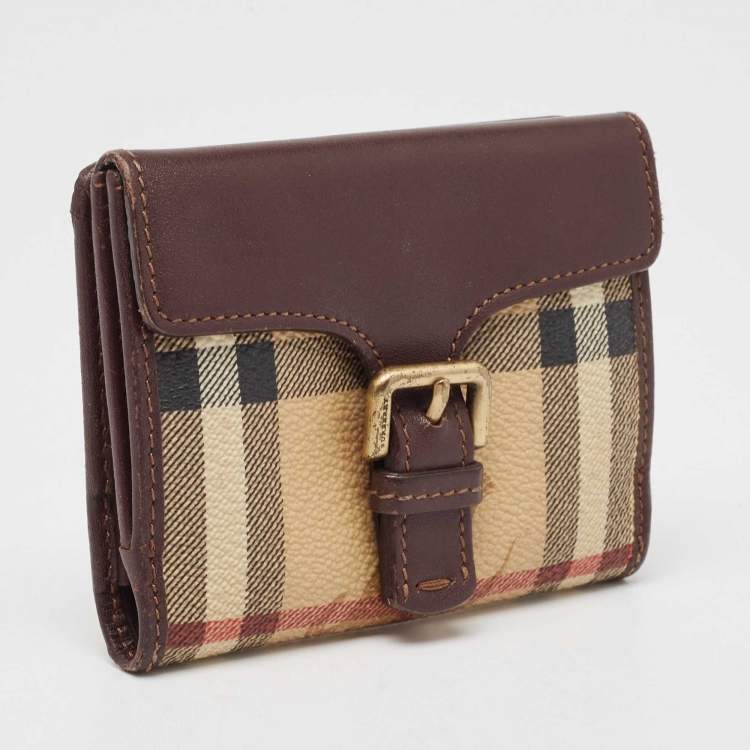 Pre Owned Burberry Brown/Beige Haymarket Check Coated Canvas and Leather Buckle Flap Compact Wallet