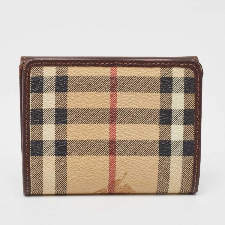 Pre Owned Burberry Brown/Beige Haymarket Check Coated Canvas and Leather Buckle Flap Compact Wallet