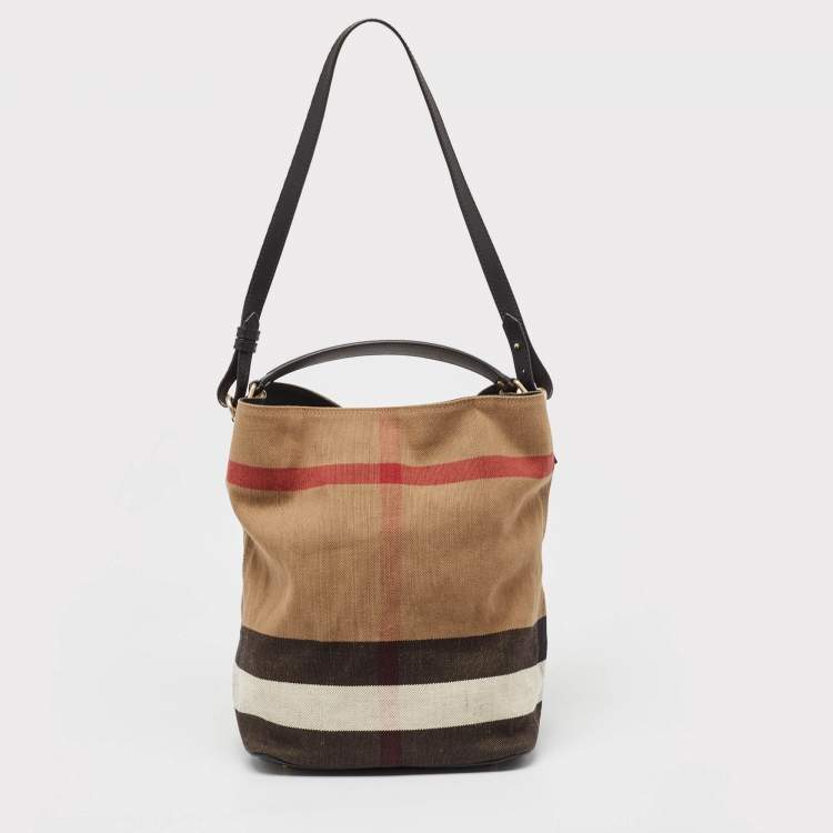 Pre Owned Burberry Black/Beige House Check Canvas and Leather Ashby Hobo