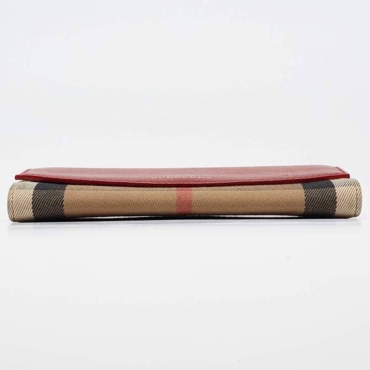 Pre Owned Burberry Red/Beige House Check Fabric and Leather Flap Continental Wallet