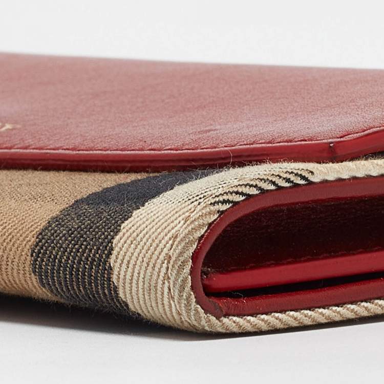 Pre Owned Burberry Red/Beige House Check Fabric and Leather Flap Continental Wallet