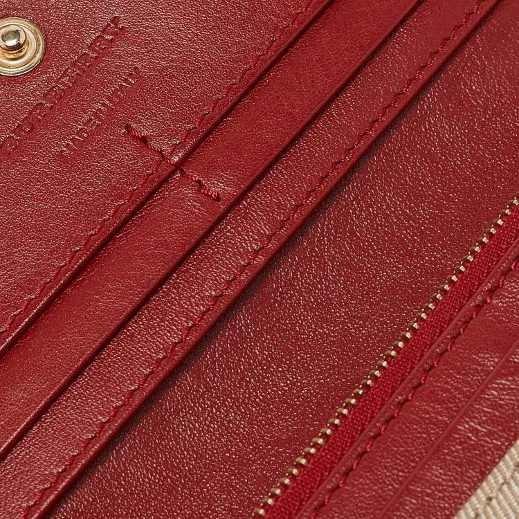 Pre Owned Burberry Red/Beige House Check Fabric and Leather Flap Continental Wallet