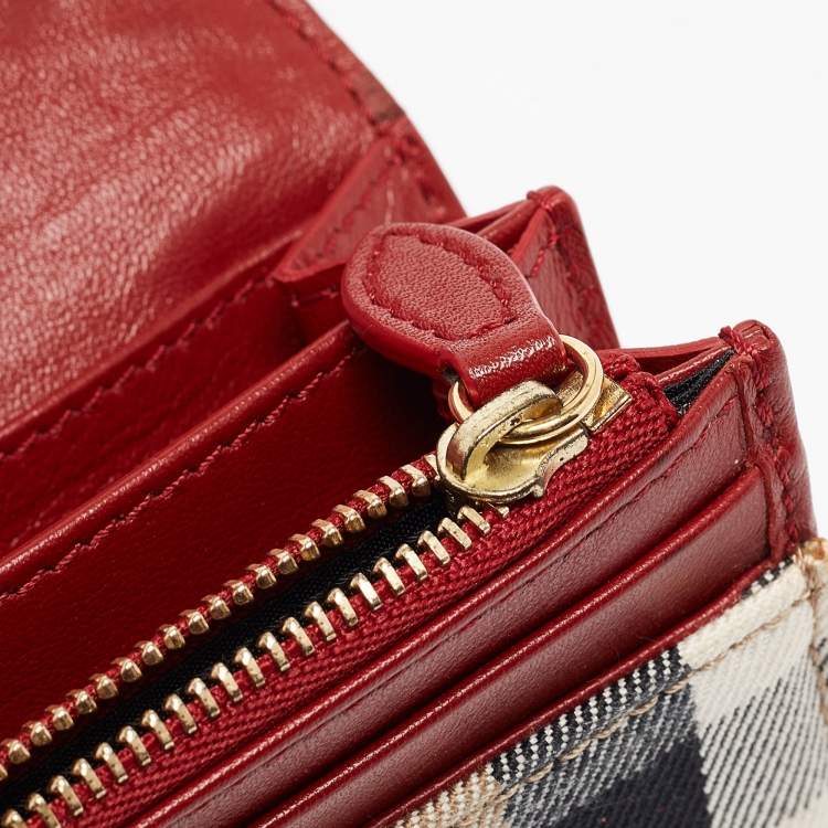 Pre Owned Burberry Red/Beige House Check Fabric and Leather Flap Continental Wallet