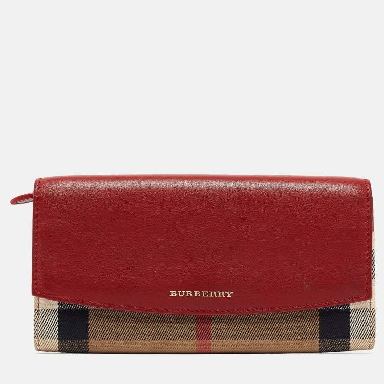 Pre Owned Burberry Red/Beige House Check Fabric and Leather Flap Continental Wallet