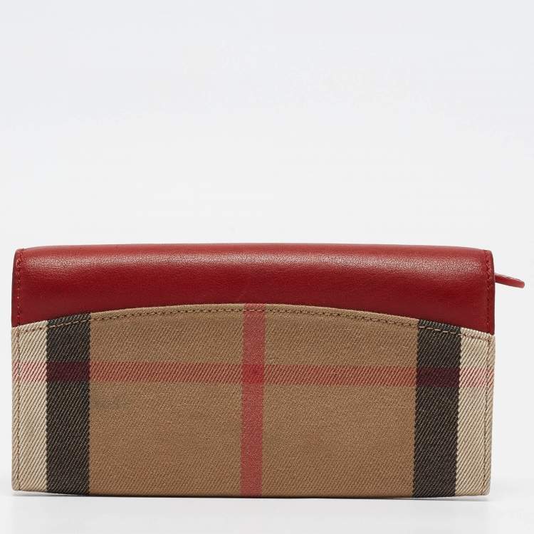 Pre Owned Burberry Red/Beige House Check Fabric and Leather Flap Continental Wallet