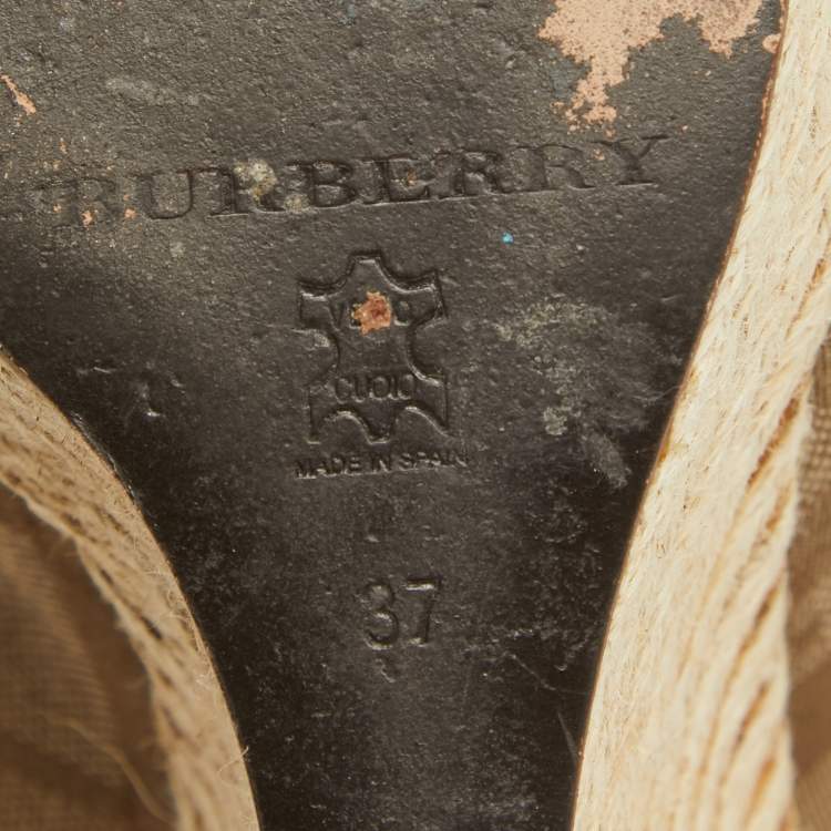 Pre Owned Burberry Brown/Red Canvas and Leather Slingback Wedge Sandals Size 37