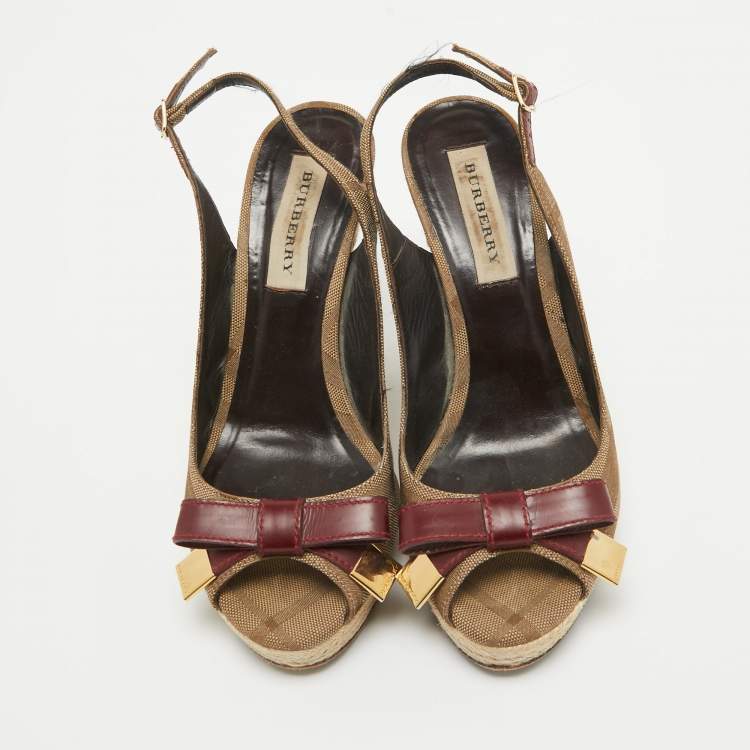 Pre Owned Burberry Brown/Red Canvas and Leather Slingback Wedge Sandals Size 37