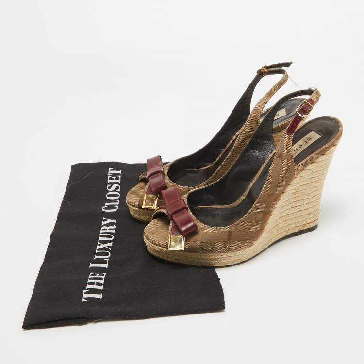 Pre Owned Burberry Brown/Red Canvas and Leather Slingback Wedge Sandals Size 37
