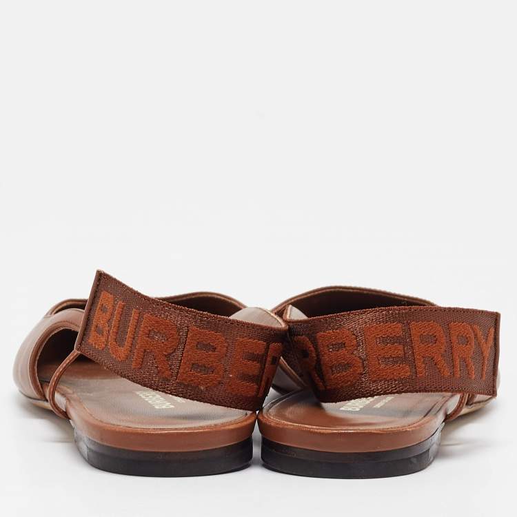 Pre Owned Burberry Brown Leather Slingback Flat Sandals Size 38.5