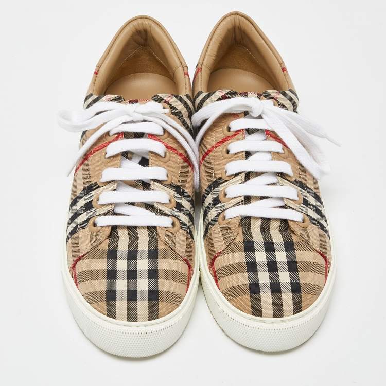 Pre Owned Burberry Beige Vintage Check Canvas Low Top Sneakers Size 38.5