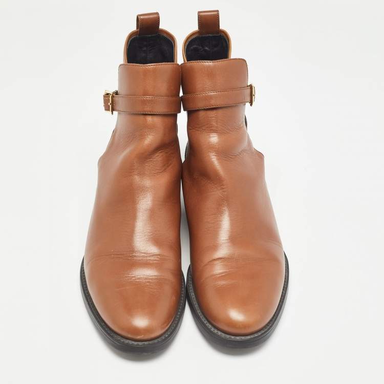 Pre Owned Burberry Brown Leather and Check Canvas Buckle Detail Ankle Boots Size 39