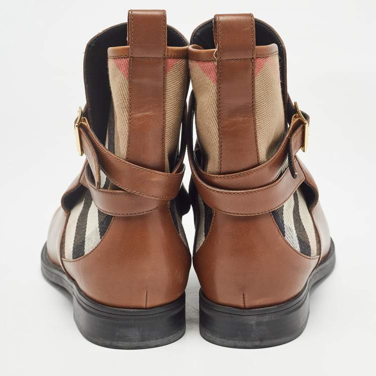 Pre Owned Burberry Brown Leather and Check Canvas Buckle Detail Ankle Boots Size 39