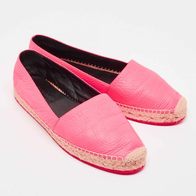 Pre Owned Burberry Neon Pink Leather Hodgeson Logo Slip On Espadrilles Size 39