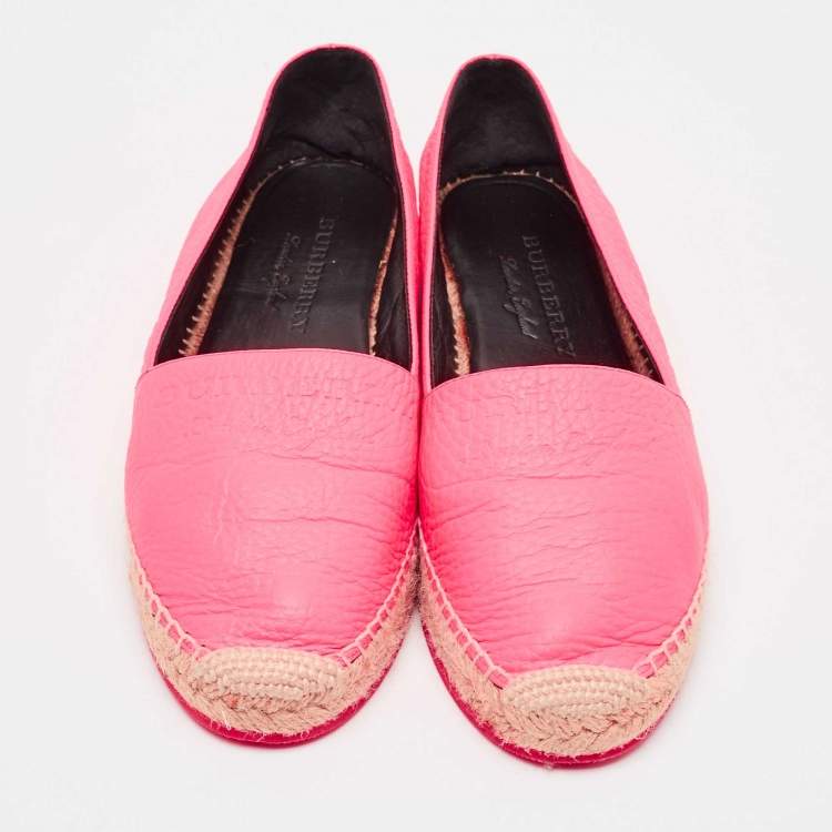 Pre Owned Burberry Neon Pink Leather Hodgeson Logo Slip On Espadrilles Size 39