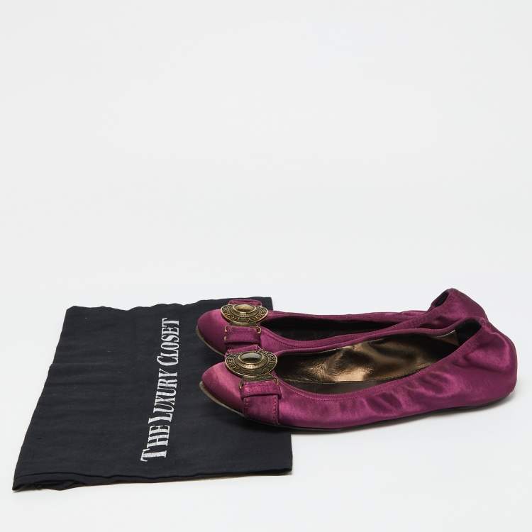 Pre Owned Burberry Purple Satin Buckle Logo Scrunch Ballet Flats Size 37