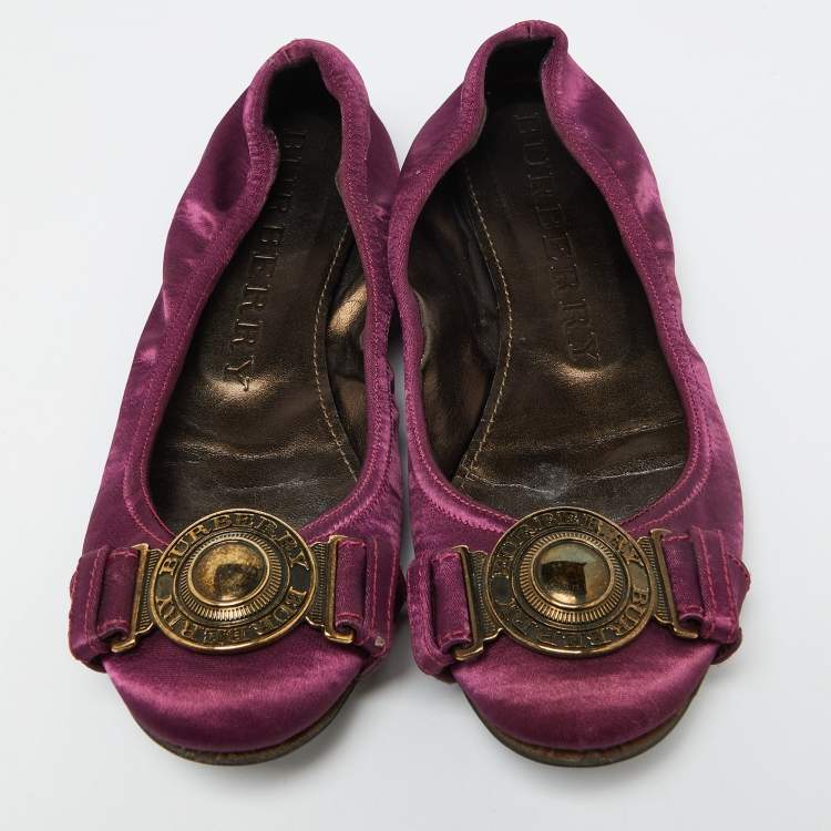 Pre Owned Burberry Purple Satin Buckle Logo Scrunch Ballet Flats Size 37