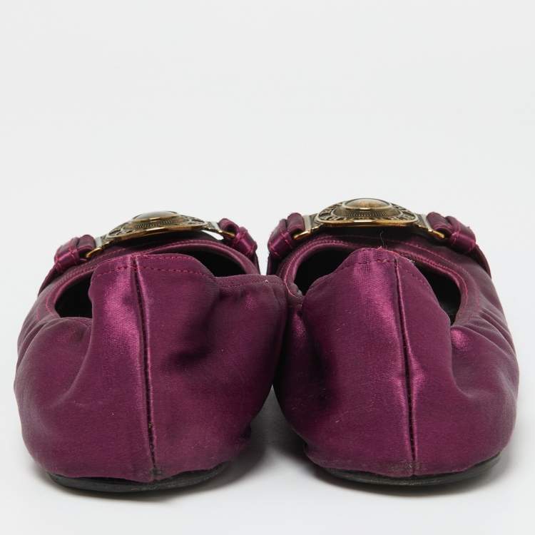 Pre Owned Burberry Purple Satin Buckle Logo Scrunch Ballet Flats Size 37