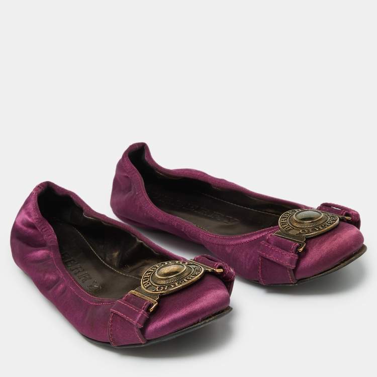 Pre Owned Burberry Purple Satin Buckle Logo Scrunch Ballet Flats Size 37