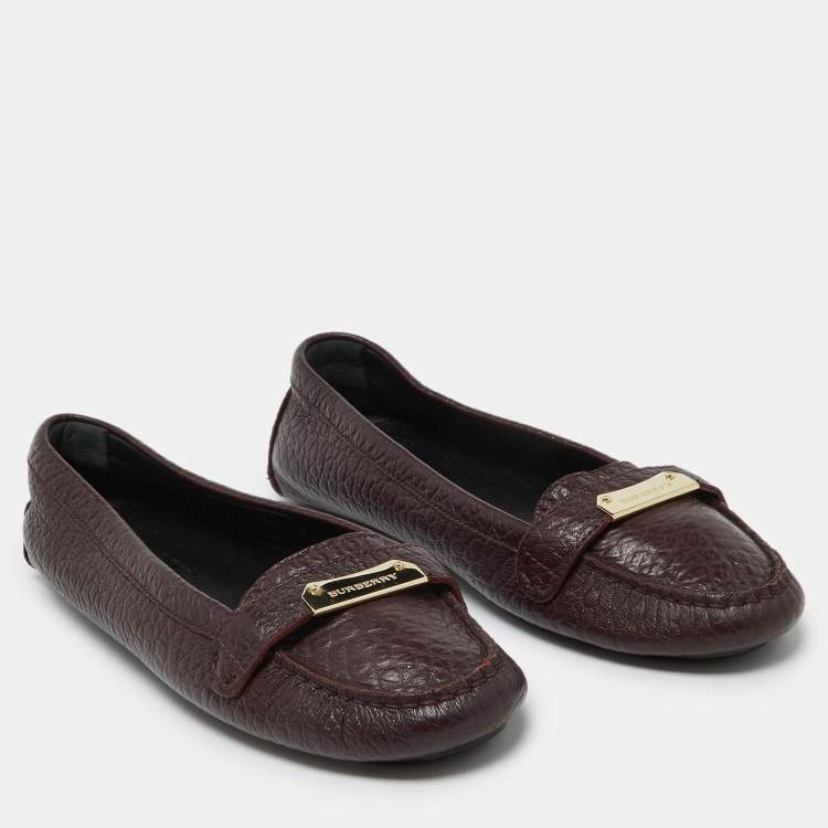 Pre Owned Burberry Burgundy Leather Slip On Loafers Size 40