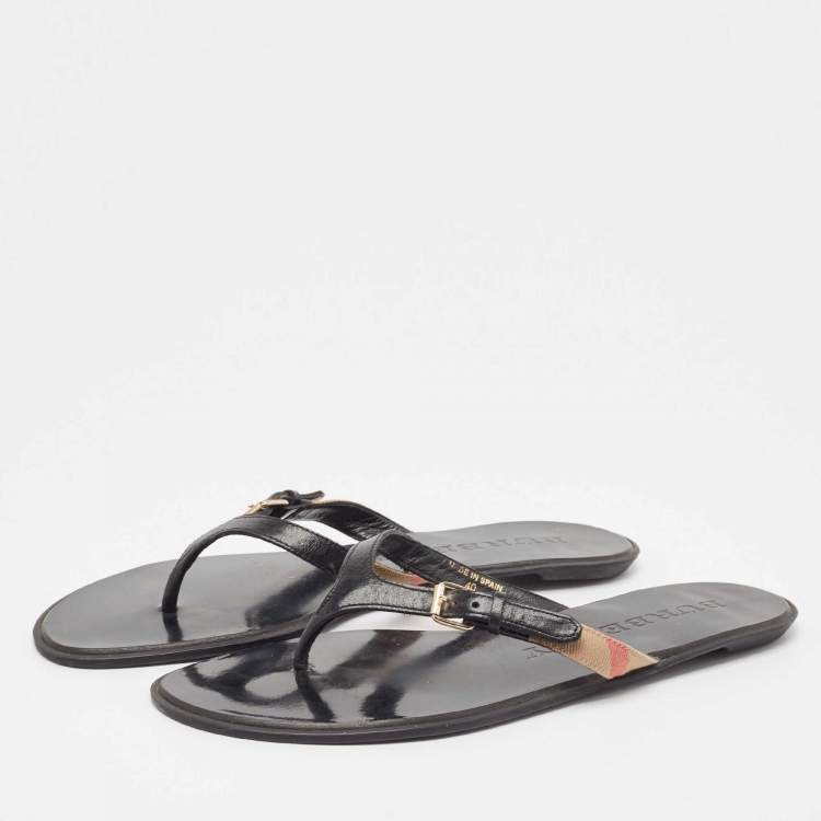 Pre Owned Burberry Black Leather and Canvas Masie Belted Check Thong Sandals Size 40