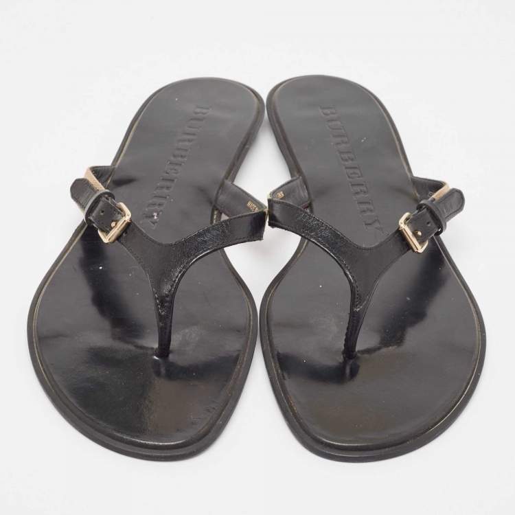 Pre Owned Burberry Black Leather and Canvas Masie Belted Check Thong Sandals Size 40