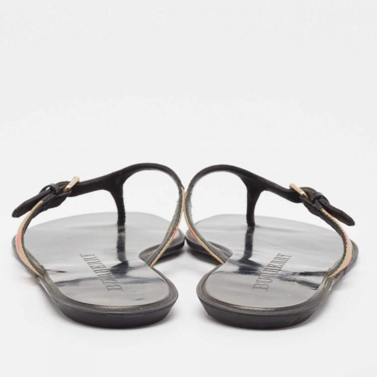 Pre Owned Burberry Black Leather and Canvas Masie Belted Check Thong Sandals Size 40